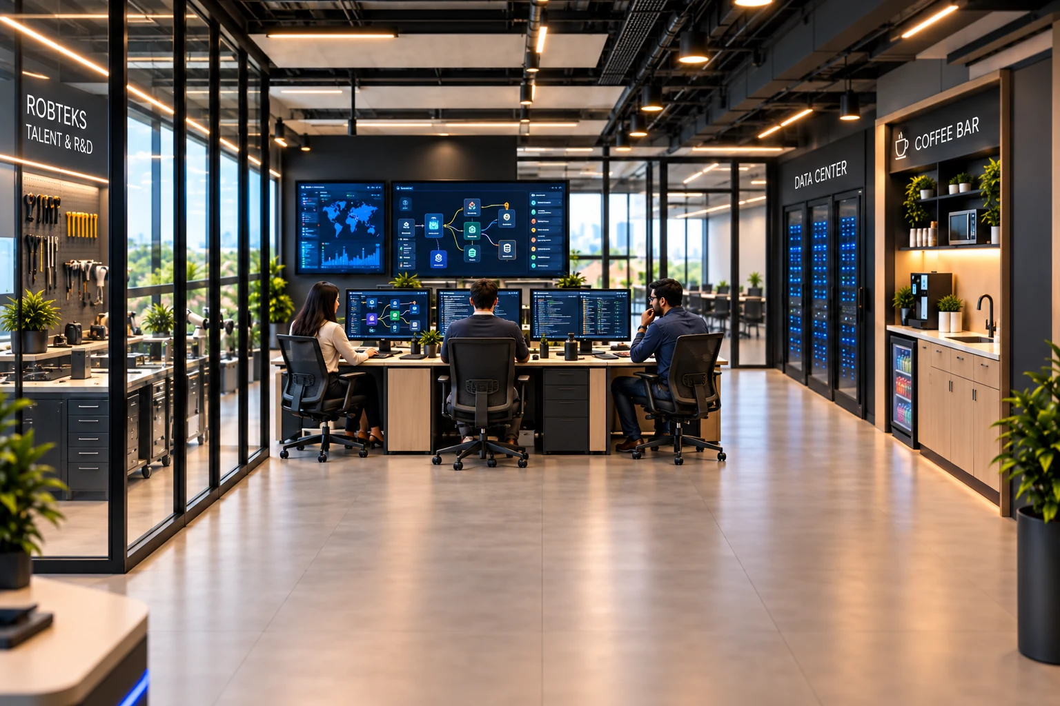 Especialistas configurando agentes virtuales, flujos, permisos y conexiones dentro de sistemas empresariales