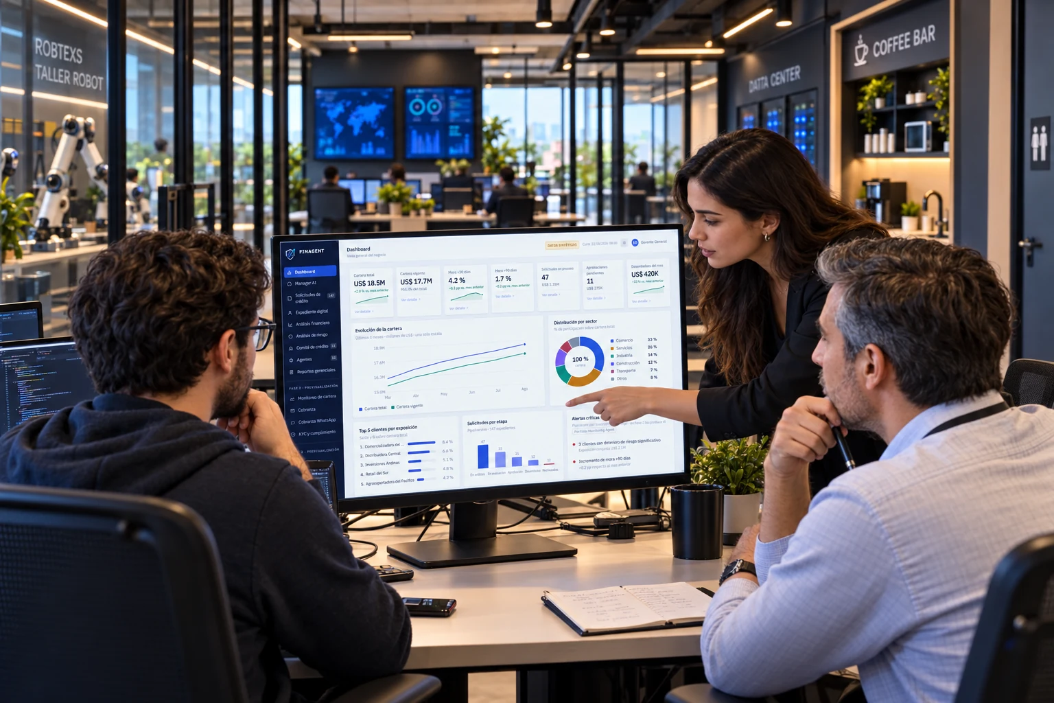 Desarrolladores configurando y validando FINAGENT en una estación de trabajo