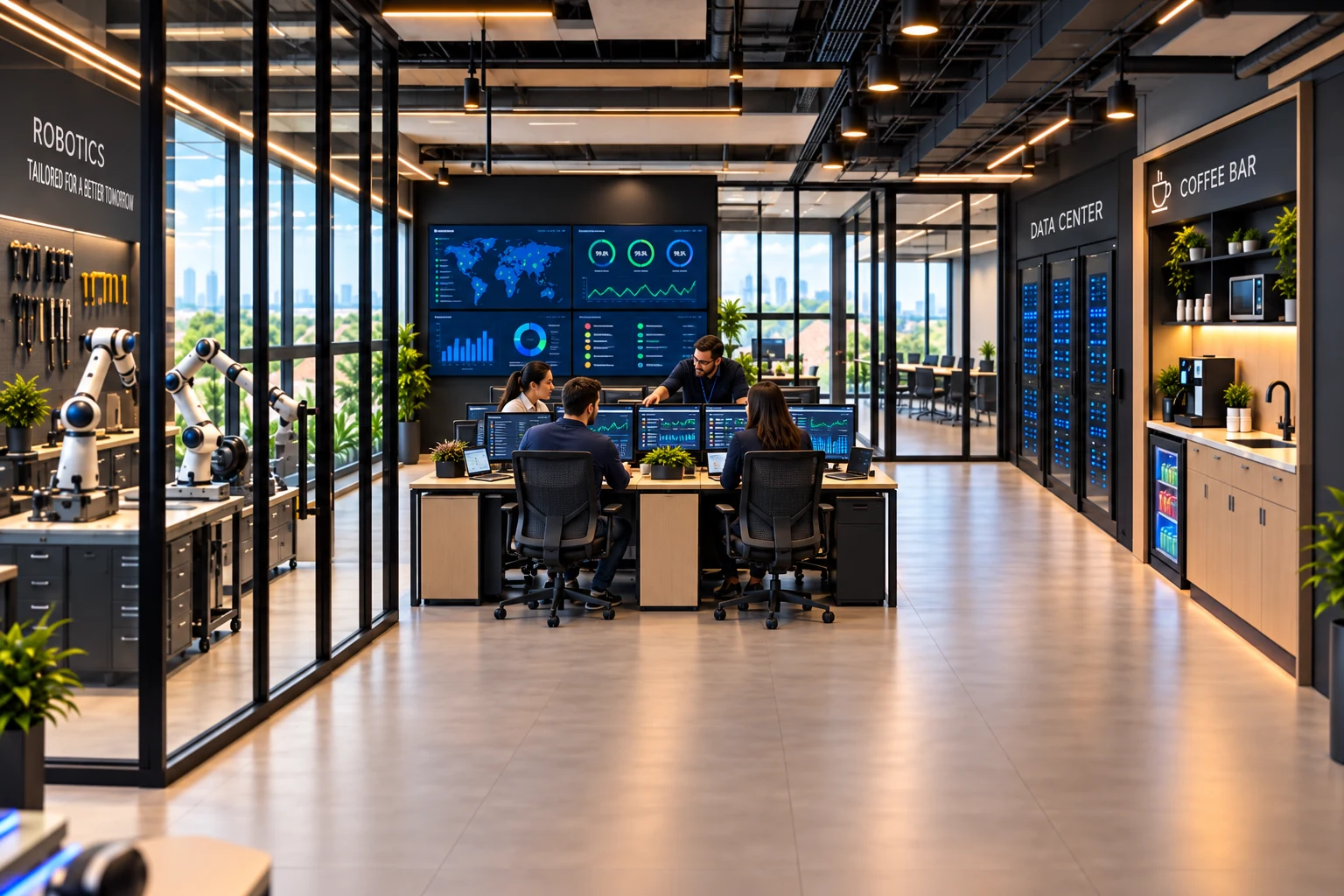 Equipo de soporte monitoreando y mejorando servicios de inteligencia artificial desde los cubículos centrales